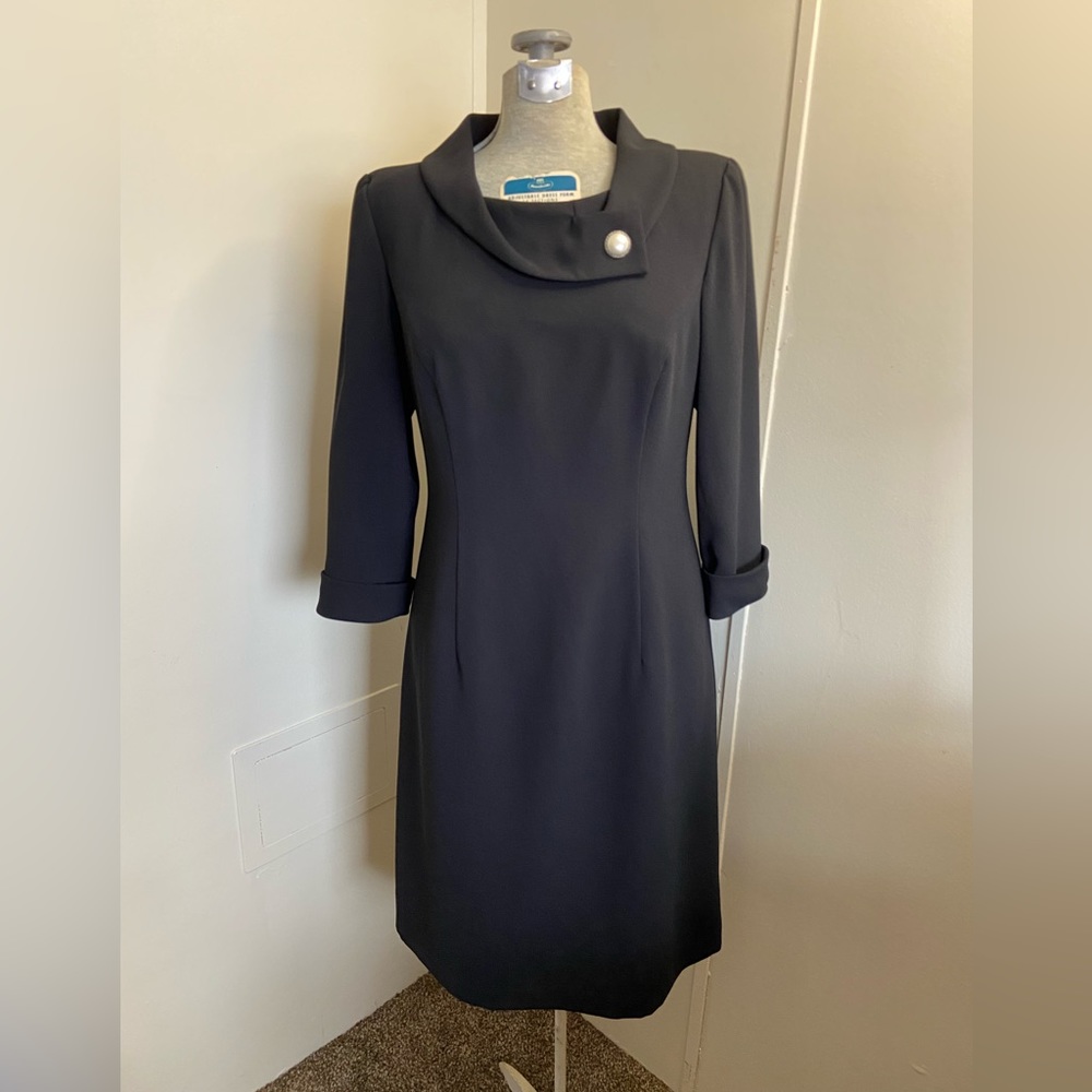 Jennifer West Elegant Black LS Dress w/White Brooch on Collared Neckline